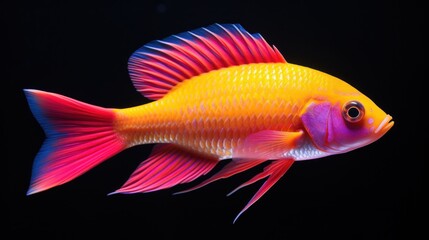 Fototapeta premium Vibrant Neon Tropical Fish Swimming Against a Dark Background