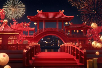 A red bridge archway with traditional Chinese architecture, featuring fireworks and golden ingots in the background. The entire scene is set against an animated cartoon-style background, 