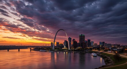Obraz premium Majestic Sunset Over St. Louis Skyline with Iconic Gateway Arch Reflected in Tranquil River Waters and Dramatic Cloud Formation