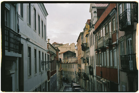 Analog cityscape showing a traditional street in the Lisbon downtown