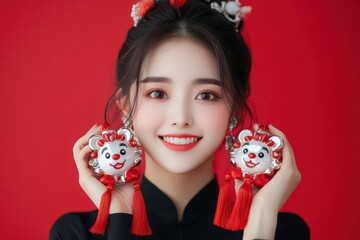 A Chinese woman wearing black long sleeves and earrings is holding two cute cartoon style chubby lion silver necklaces with red tassels on her hands,
