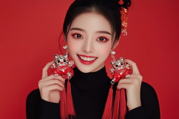 A Chinese woman wearing black long sleeves and earrings is holding two cute cartoon style chubby lion silver necklaces with red tassels on her hands, 