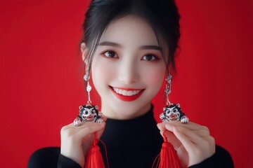 A Chinese woman wearing black long sleeves and earrings is holding two cute cartoon style chubby lion silver necklaces with red tassels on her hands, 