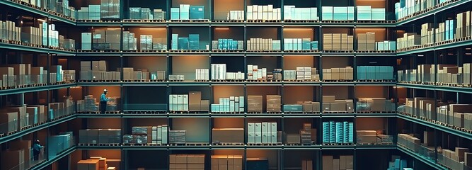A distribution center filled with shelves of products waiting for shipment, with workers moving packages