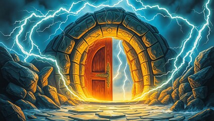 Electrified Portal with Shifting Lightning Runes – A thunder-charged gateway crackling with energy, its glowing runes dancing like living lightning