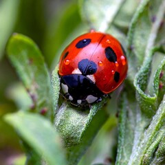 Fototapeta premium Close-Up of a Ladybug on Green Leaf