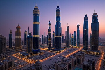 Obraz premium KAFD Skyscrapers Illuminate Riyadh Skyline at Dusk