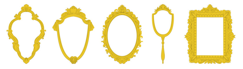 Set of vintage frames for mirrors and paintings. Baroque ornamented frames for royal interior. Vector illustration isolated on transparent background.