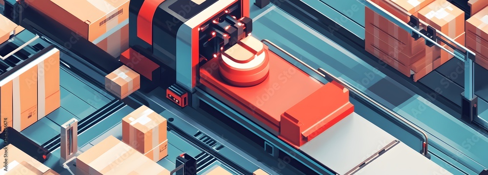 Poster a product being packaged and sealed by automated machinery in a high-tech factory setting