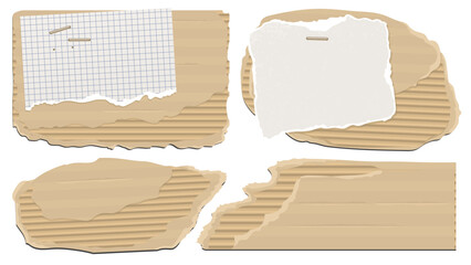 Set of scraps of corrugated cardboard and squared paper, fastened with paper clips. Clip art elements for scrapbooking and collage pop art creativity. Naturalistic image. Vector illustration