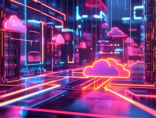 Futuristic Cloud Computing Concept with Neon-Glowing Server Racks, Data Streams, and Digital Connections Representing Modern Cloud Storage and Networking