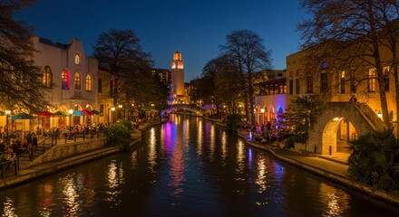 Fototapeta premium Scenic Evening View of a Tranquil River Walk with Colorful Lights, Charming Buildings, and Vibrant Cafe Atmosphere in San Antonio, Texas at Dusk