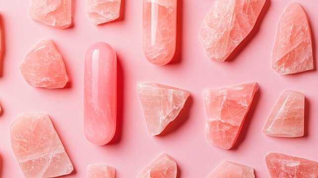 Pink rose quartz stones and polished yoni egg on pink background.