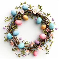 Colorful Easter Egg Wreath with Flowers and Twigs on White Background