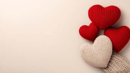 Fototapeta premium Cozy Knitted Hearts in Warm Colors on Light Background
