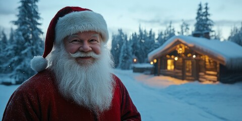 santa claus in front of village house, smiling and looking at camera on winter landscape