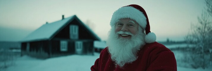 santa claus in front of village house, smiling and looking at camera on winter landscape