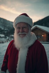 santa claus in front of village house, smiling and looking at camera on winter landscape
