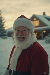 santa claus in front of village house, smiling and looking at camera on winter landscape