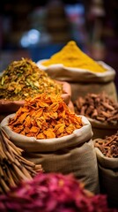 Colorful Spices in Burlap Sacks at Traditional Market Stall