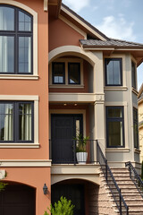 Fototapeta premium Modern Home Exterior: Contemporary Architecture and Design. Luxury Real Estate Property with Elegant Facade, Orange and Beige color scheme, and Stylish Entrance. 