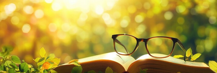 Glasses on an open book with a blurred background of nature and sunlight