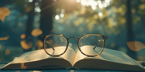 Glasses on an open book with a blurred background of nature and sunlight