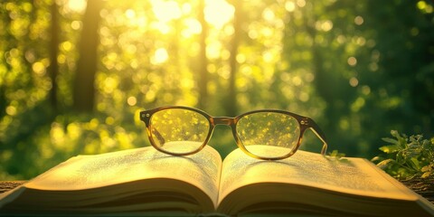 Glasses on an open book with a blurred background of nature and sunlight