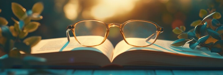 Glasses on an open book with a blurred background of nature and sunlight