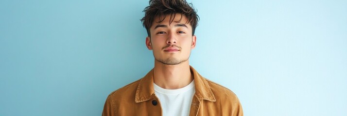 Photo of a young, attractive Japanese man. He stands in front of a light blue wall, wearing a white shirt underneath a brown jacket, looking at the camera and smiling slightly.