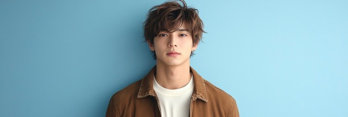 Photo of a young, attractive Japanese man. He stands in front of a light blue wall, wearing a white shirt underneath a brown jacket, looking at the camera and smiling slightly.