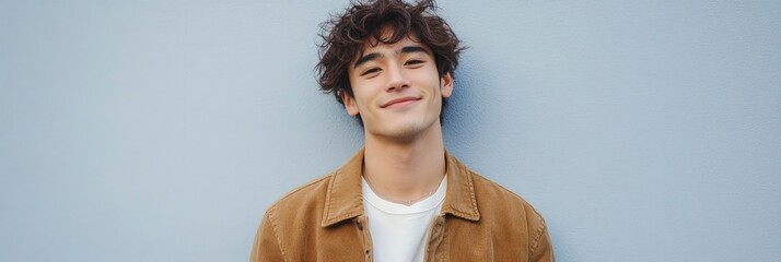 Photo of a young, attractive Japanese man. He stands in front of a light blue wall, wearing a white shirt underneath a brown jacket, looking at the camera and smiling slightly.