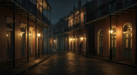 Fototapeta premium Serene Evening Walk Through Historic New Orleans French Quarter with Warm Streetlights, Misty Night Atmosphere, and Colorful Balcony Designs