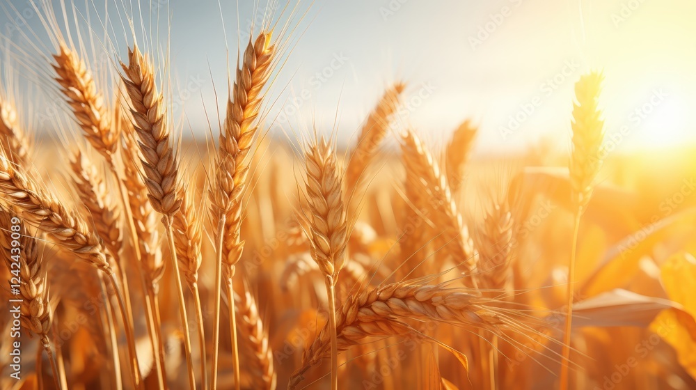 Poster close up of golden wheat field at sunset with soft sunlight casting gentle glow on wheat stalks and 