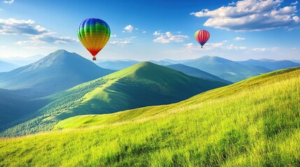 Obraz premium Hot air balloons fly over green mountain range