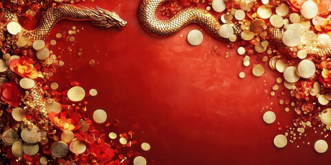 Chinese New Year poster, featuring snake shapes in red background . At center is an illustration of gold coin chain forming three-dimensional pattern resembling serpents,