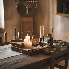 A table with candles and a wooden tray in a rustic decor, adorned with warm, soft lighting.