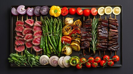 Fototapeta premium Grilled beef with a variety of vegetables arranged elegantly in a studio setting