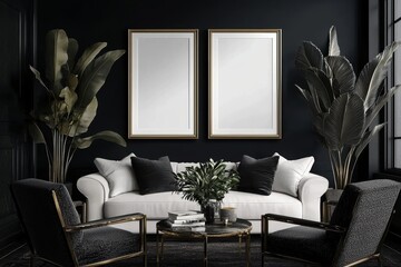 Stylish living room showcasing a poster mockup against an empty backdrop.