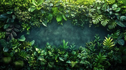 Lush green leaves frame dark wall backdrop, ideal for text
