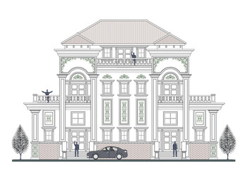 Facade of 3 storeys symmetrical modern classic building with 5 doors, 12 windows, 6 columns, balustrade, frames, decoration, stairs, crowns, canopy and trapezoidal roof.