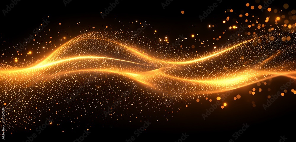 Poster dynamic neon wave trails of light flowing through a black background, conveying futuristic and scien