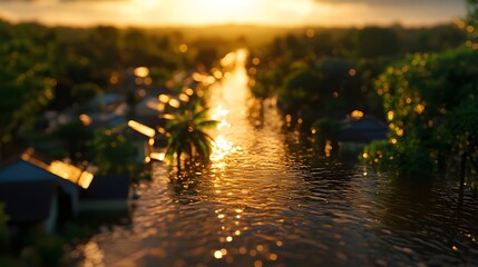 Aerial View of Sunset Flood in Suburban Area