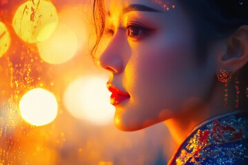 Cinematic portrait of an elegant Chinese woman, dramatic lighting, soft bokeh background, ultra-wide angle capturing graceful poses, vibrant colors, 