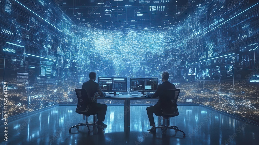 Poster two men monitor global data streams on large screens. illustrates cybersecurity, data analysis, or g