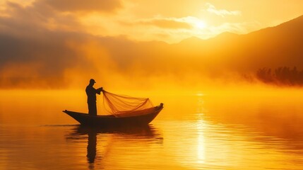 Obraz premium Silhouetted fisherman in a small boat, casting his net at sunrise over a misty lake. Depicts peaceful, hardworking life, ideal for themes of nature, serenity, and perseverance.