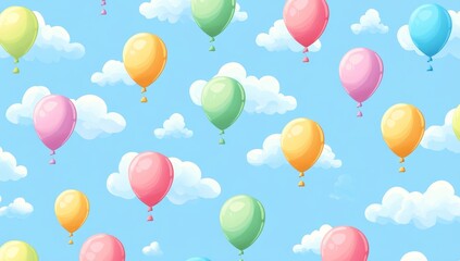 Pastel balloons float on a blue sky with clouds; seamless pattern, party decor