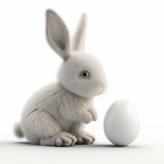 Obraz premium Cute fluffy rabbit with an unbroken white egg on a soft surface