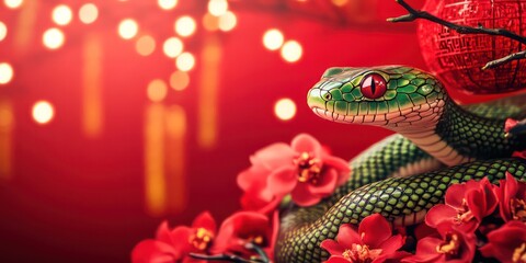 Fototapeta premium Cute green snake, Chinese new year celebration, orchid flower, red china lantern, red background. High quality, high detailed. 