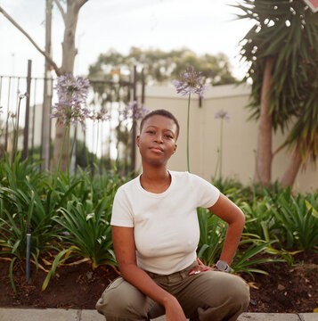 Portrait of woman wearing cargo pants taken on medium format film